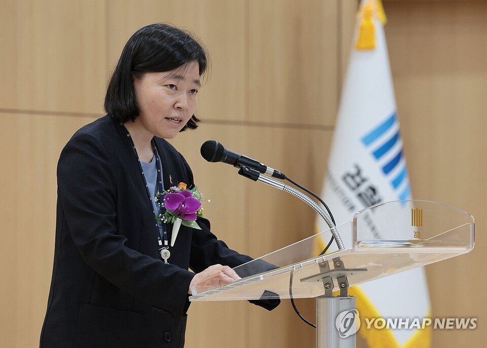 임은정 신임 서울동부지검장이 4일 서울 송파구 서울동부지방검찰청에서 열린 취임식에서 취임사를 하고 있다. (사진=연합뉴스)