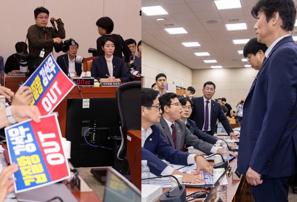 14일 국회 여성가족위원회에서 열린 강선우 여성가족부 장관 후보자 인사청문회(왼쪽)와 과학기술정보방송통신위원회에서 열린 배경훈 과학기술정보통신부 장관 후보자 인사청문회 (사진=연합뉴스)