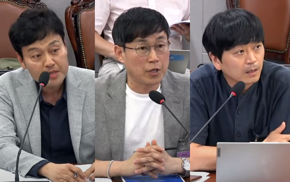 (왼쪽부터)박영훈 언론노조 TBC지부장, 조기호 언론노조 SBS본부장, 김동찬 언론연대 정책위원장 (이훈기TV 유튜브 중계화면 갈무리)