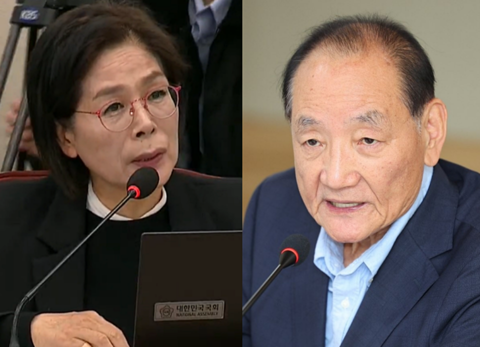 최민희 민주당 언론개혁특별위원장(왼쪽), 김효재 한국언론진흥재단 이사장 (사진=의사중계시스템, 연합뉴스)