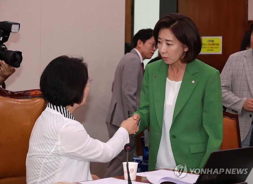2일 서울 여의도 국회에서 열린 법제사법위원회 전체회의에서 국민의힘 나경원 의원이 추미애 위원장과 인사하고 있다. (연합뉴스)