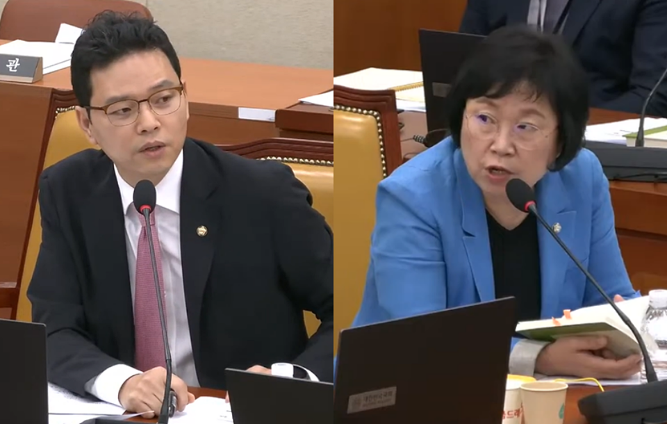 5일 국회 과학기술정보방송통신위원회 전체회의에 참석한 박정훈 국민의힘 의원(왼쪽)과 김현 민주당 의원 (국회방송 중계화면)