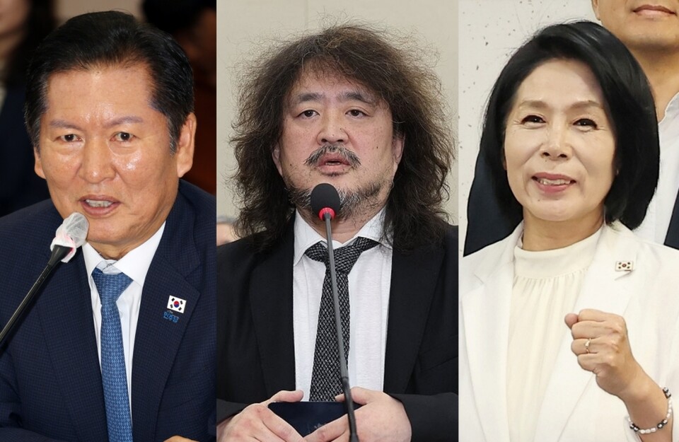 (왼쪽부터)정청래 민주당 대표, 김어준 씨, 최민희 국회 과학기술정보방송통신위원장 (사진=연합뉴스)
