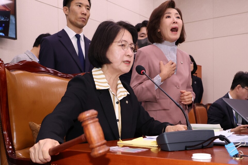 지난 22일 열린 국회 법제사법위원회 전체회의. 추미애 법사위원장(왼쪽)과 나경원 국민의힘 의원 (사진=연합뉴스)