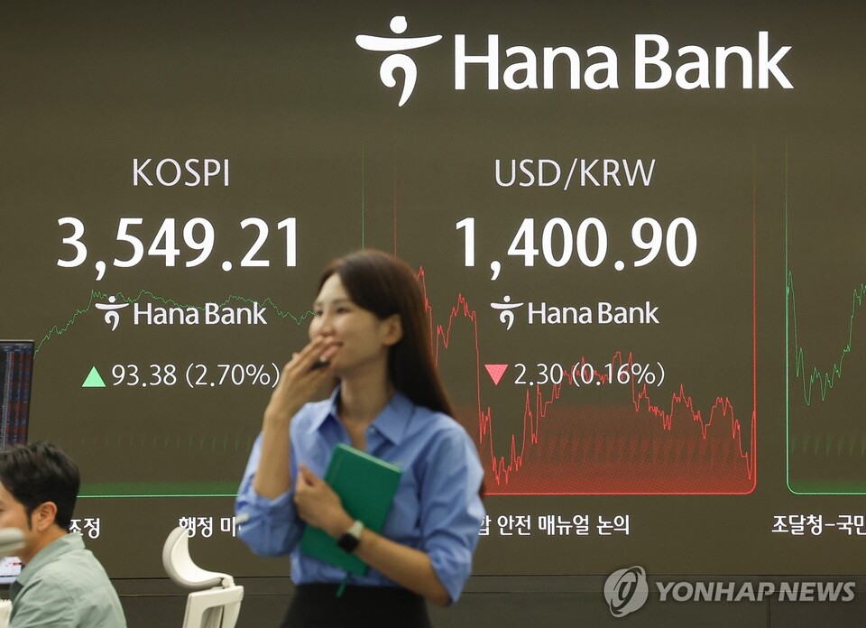 코스피가 사상 처음 3,500선을 돌파하며 종가 기준 역대 최고치인 3,549.21로 마감한 2일 오후 서울 중구 하나은행 딜링룸에서 딜러들이 업무를 보고 있다. (서울=연합뉴스)