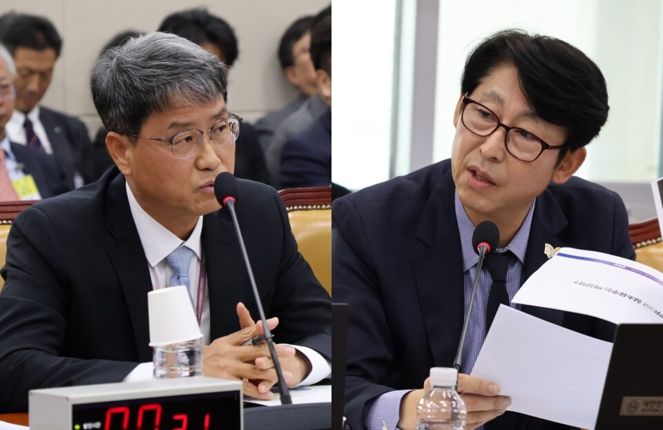 지난 30일 국회 과학기술정보방송통신위원회 국정감사에서 이훈기 더불어민주당 의원(오른쪽)이 반상권 방송미디어통신위원장 직무대리에게 질의하는 모습 (사진=이훈기 의원실)