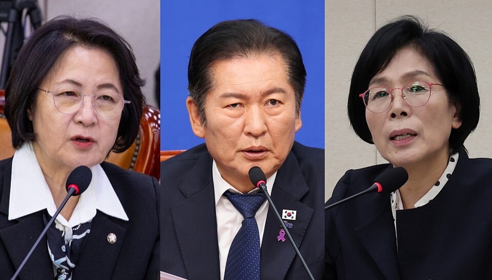 (왼쪽부터)추미애 법사위원장, 정청래 민주당 대표, 최민희 과방위원장 (사진=연합뉴스)