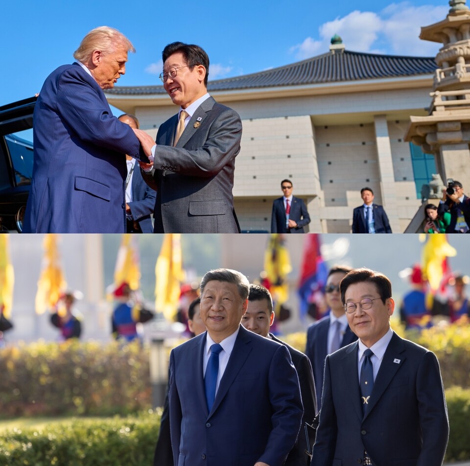 이재명 대통령이 도널드 트럼프 미국 대통령과 시진핑 중국 국가주석을 국립경주박물관에서 맞이하는 모습 (대통령실=연합뉴스)