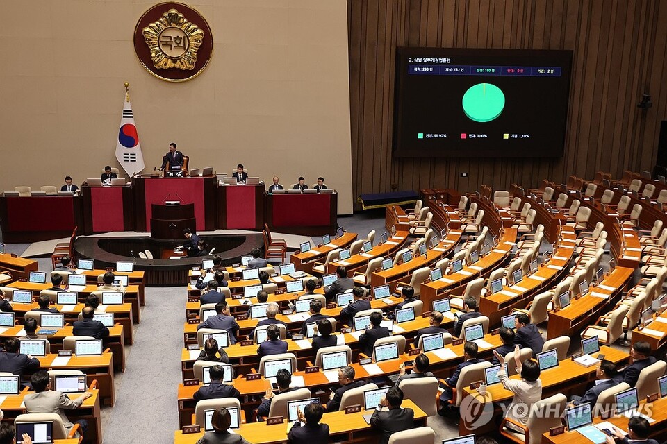 8월 25일 국회 본회의에서 '더 센' 상법 개정안이 여당 주도로 통과되고 있다. (서울=연합뉴스)