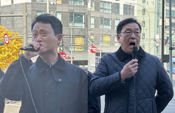 김양진 기자(왼쪽)와 오창익 인권연대 사무국장(오른쪽)이 12일 열린 '허프 장례식'에서 발언을 하고 있다.(사진=미디어스)